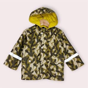 Marimekko Arran Rain Jacket Green Yellow Camo Hooded Lined Reflective Size 2 YRS
